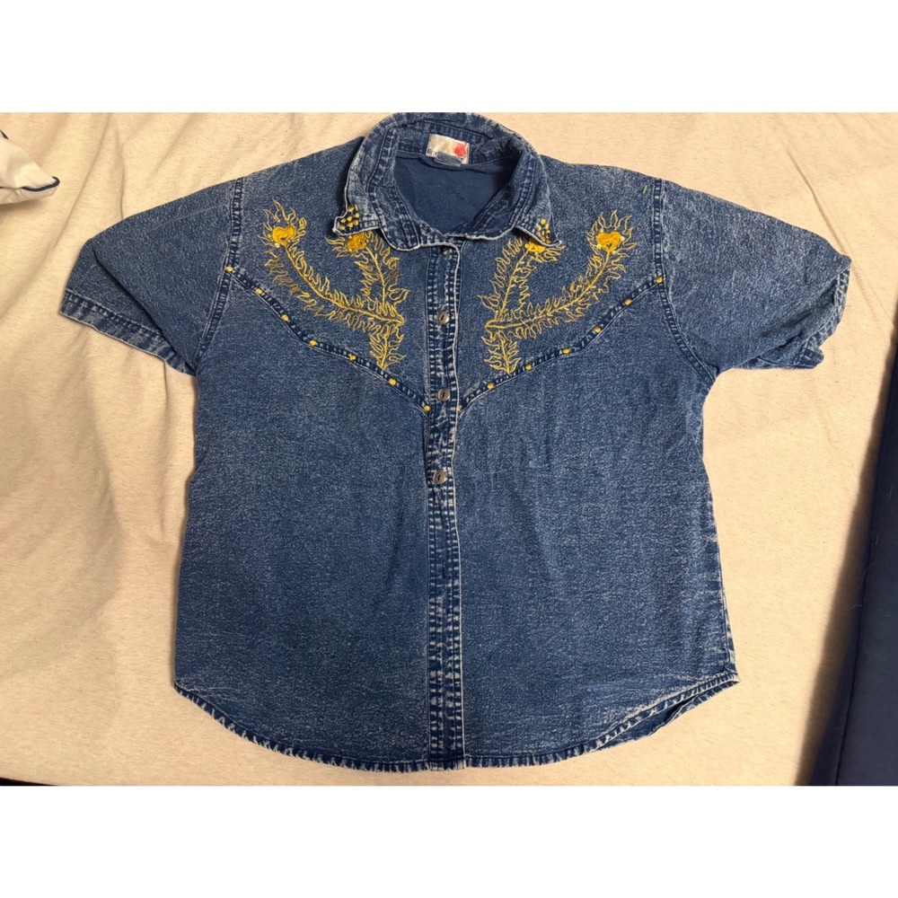 Vintage License Acid Wash Denim Shirt Yellow Floral Embroidery Western Top L